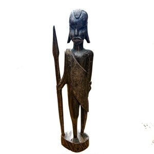 Vintage Hand Carved African Wooden Warrior Statue